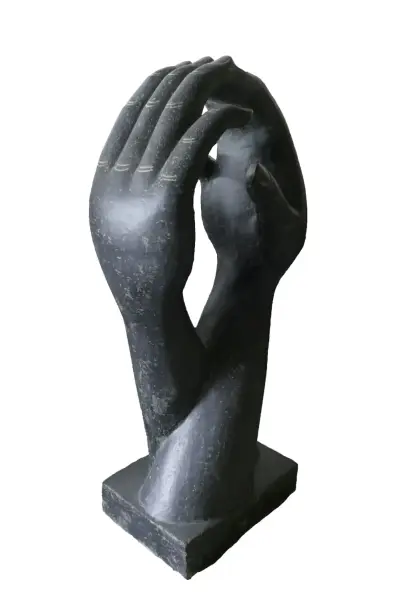 Product image 1 of the product “Abstract sculture, two hands upright on a base. 46 c 36 x 102cm. Stone cast, handcrafted & coloured ”